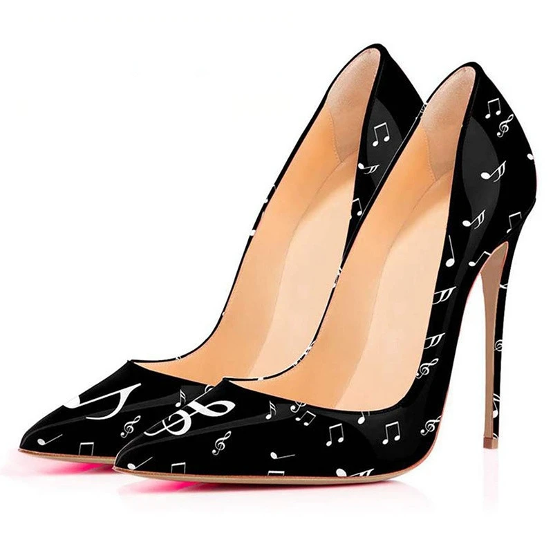 Notas de música pirnted saltos altos branco preto cor retalhos vestido sapatos apontou toe couro patente casamento pumps12cm sapatos mulher