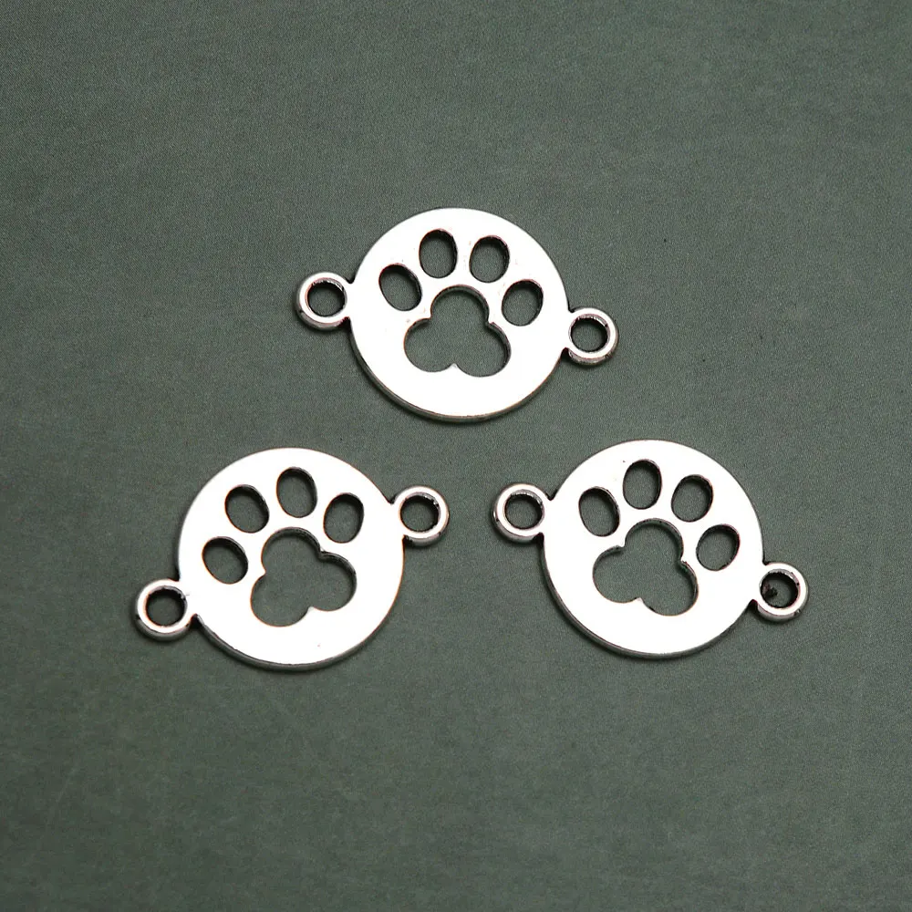 30pcs/lot--17x24mm Antique Silver Plated Dog Paw Connectors Charms Cat Pet Pendants For Jewelry Making Supplies Diy Bracelets