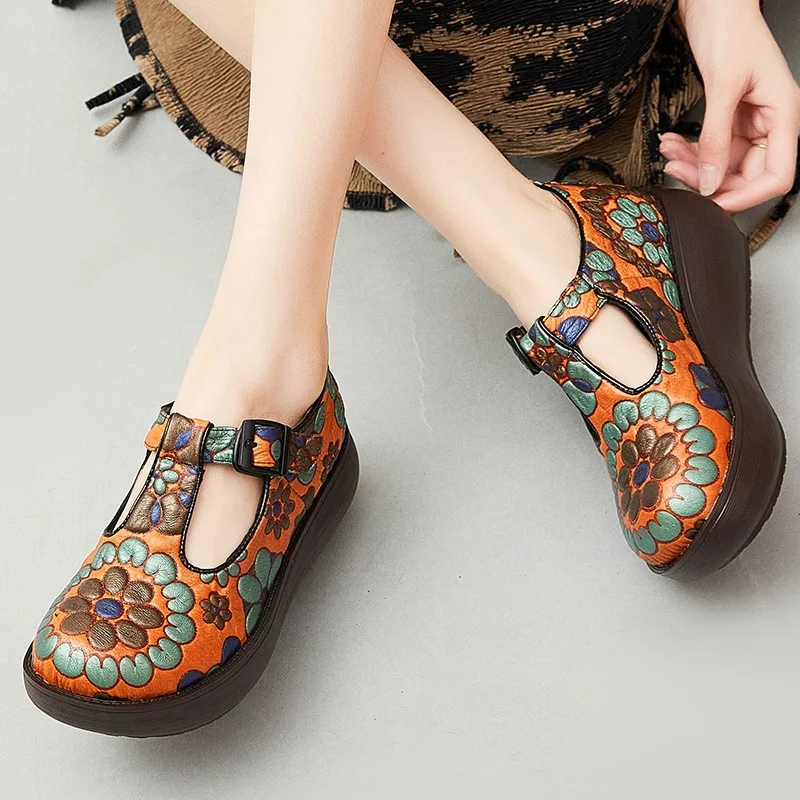 DRKANOL Platform Shoes Women Spring Printing Genuine Leather Round Toe Buckle Strap Ethnic Style Wedges Heel Mother Shoes H720L