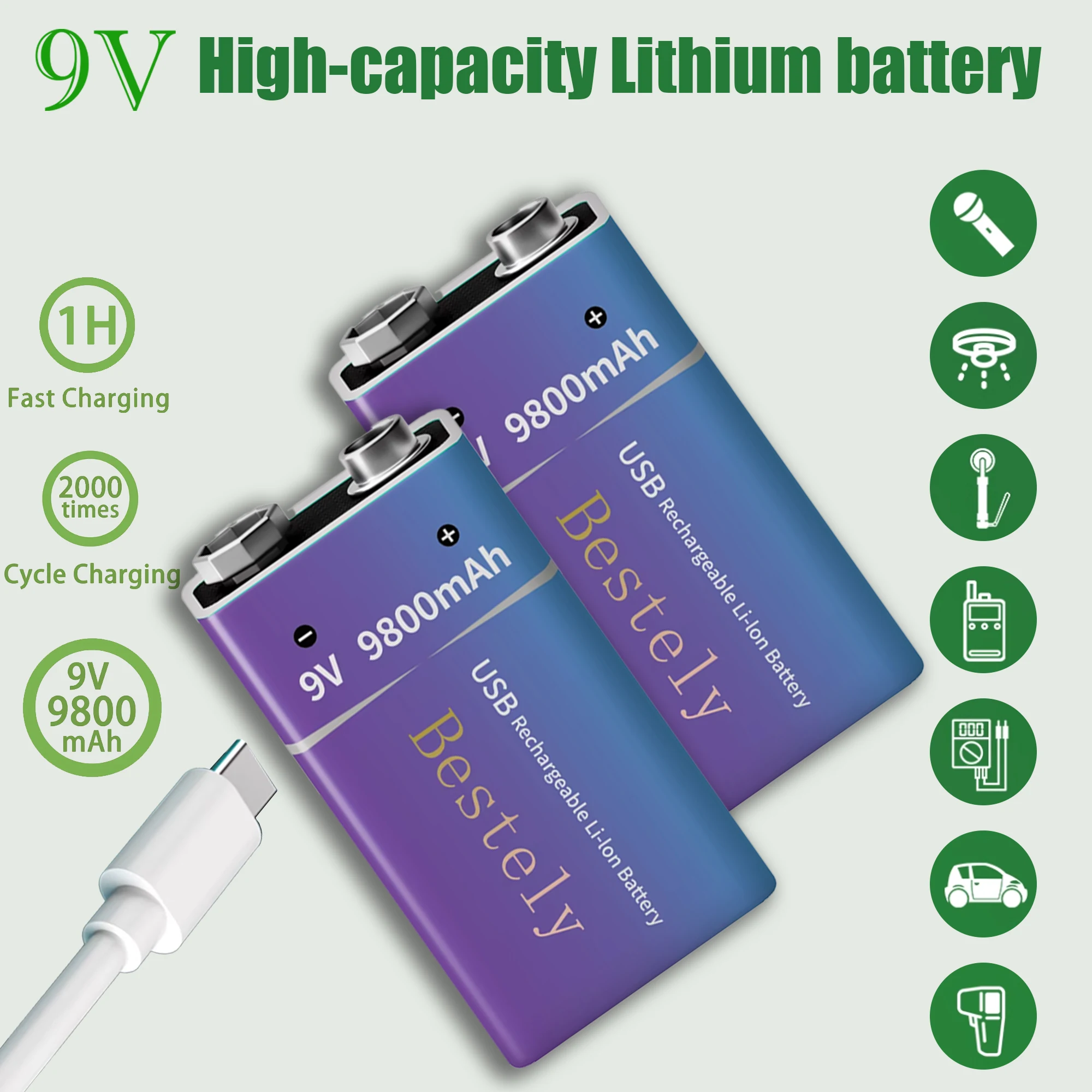 

New 9V Rechargeable Lithium Battery , 9800mAh Long Lasting 9v Li-ion Batteries with Cable ,for Smoke Detector,Alarms,Microphone