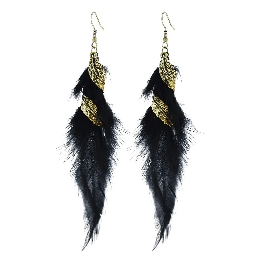 Bohemian Long Feather Dangle Earrings Twist Leaf Ethnic Long Tassel Feather Earrings Jewelry Hanging Dangle Women's Earrings