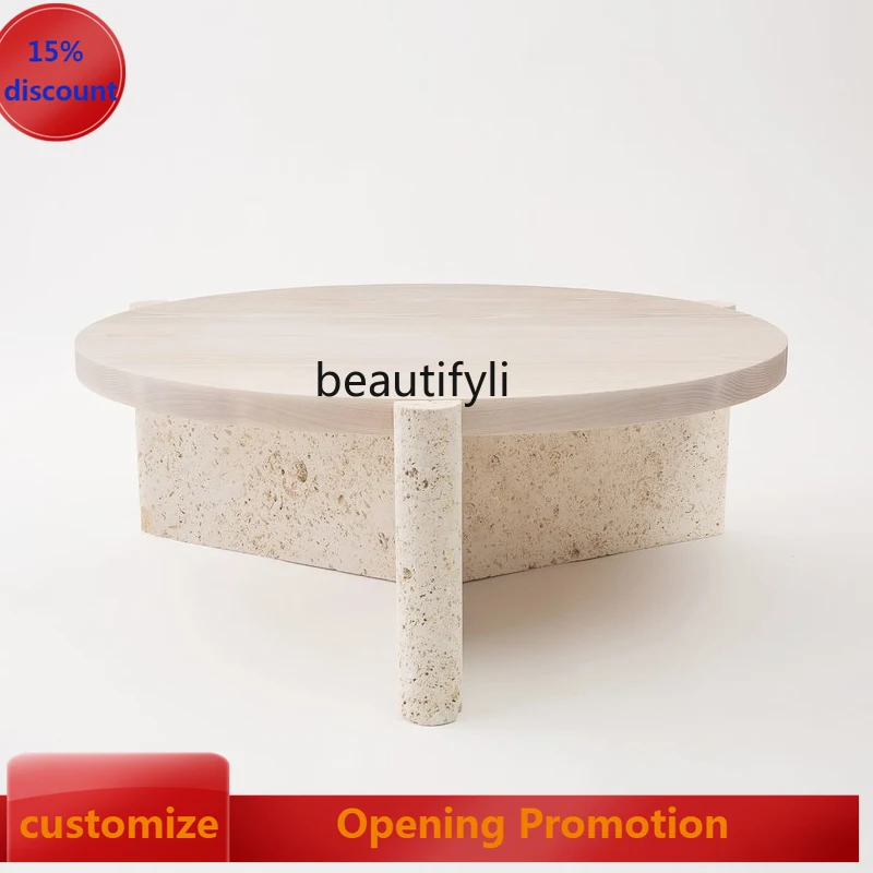 

Nordic minimalist solid wood marble coffee table, living room sofa round white cave stone tea table coffee table G1218