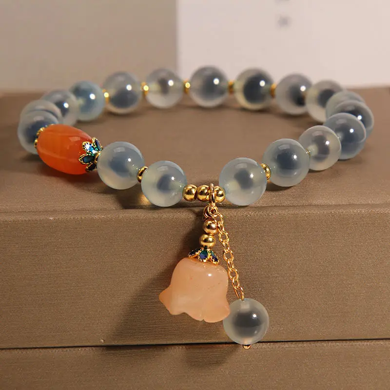 UMQ Sweet Mori Blue Sugar Heart Agate Bracelet for Women Special-Interest Design Vintage Lily Pendant Bracelet