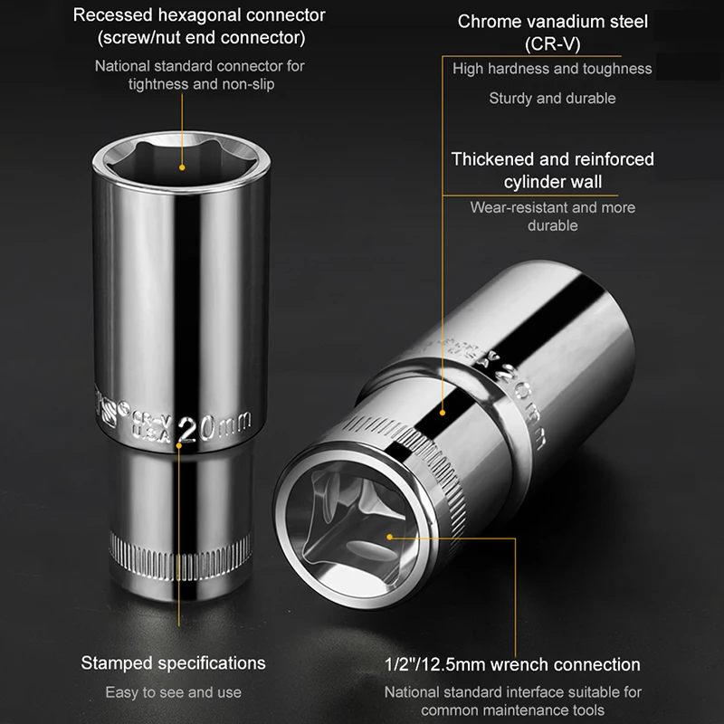 WYNN'S 1/2" Long Impact Socket 8 to 32mm Drive Wrench Socket Head Cr-V Steel for Pneumatic Electric Wrench Drill Metric Hex Tool