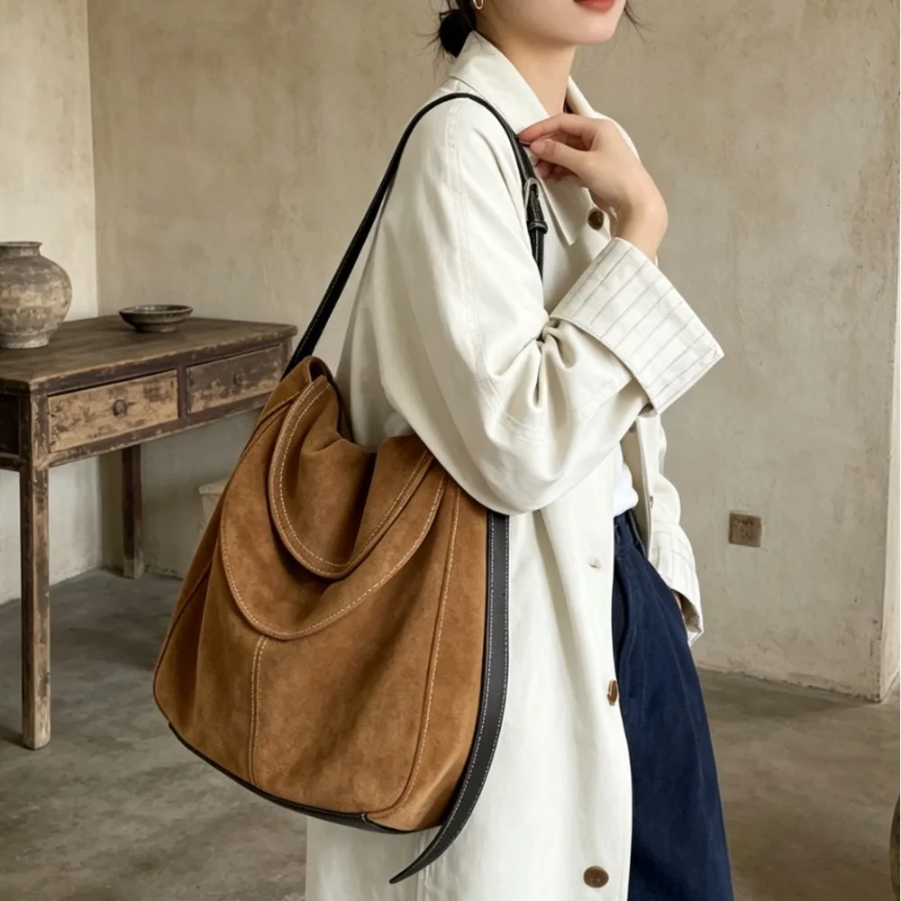2026 New Retro First-layer Cowhide Double Cover Shoulder Texture Unique Fashion Lazy Wind Large Capacity Leather Underarm Bag
