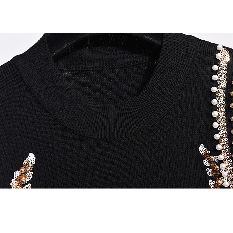 Manual Beading Embroidery Knitted Tracksuit Set Women Pullover Sweater Long Pants Two Piece Outfits Knit Suit Female Gray Black