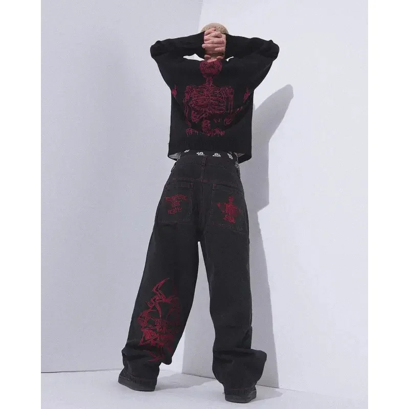 جديد 2025 Y2K جينز رجالي هيب هوب ريترو جمجمة مطرز غسلها فضفاض الدينيم السراويل جديد مستقيم عادية فضفاض واسعة الساق بنطلون ★ ★ ★ ★