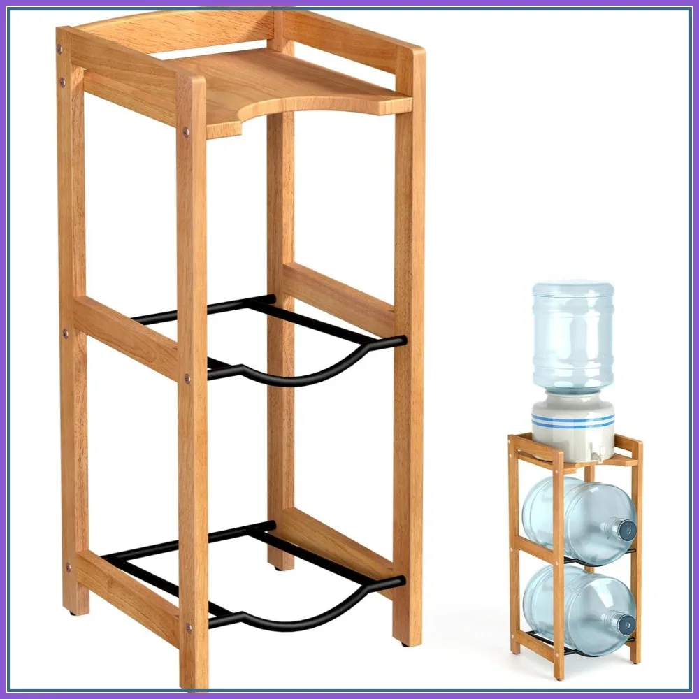 

5 Gallon Water Jug Holder with Top Shelves, Natural Solid Wood Stand, 3-Tier Water Dispenser Rack for Home Kitchen