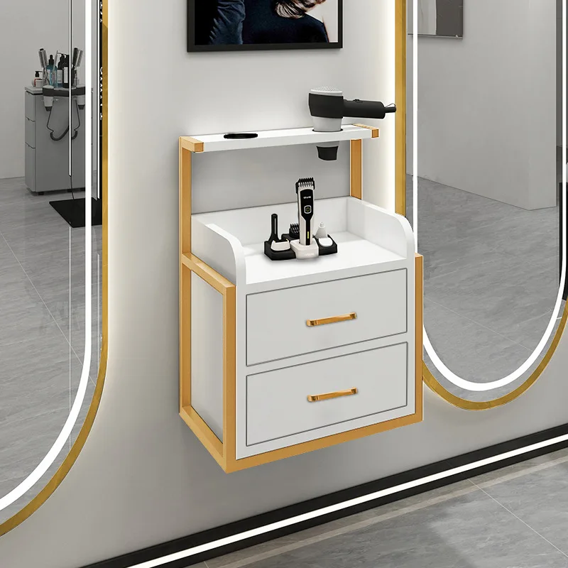 

2025 New Hair Salon Stations Equipment Wall Cabinet Wall Mounted Salon Furniture Gold Tool Storage Cabinet