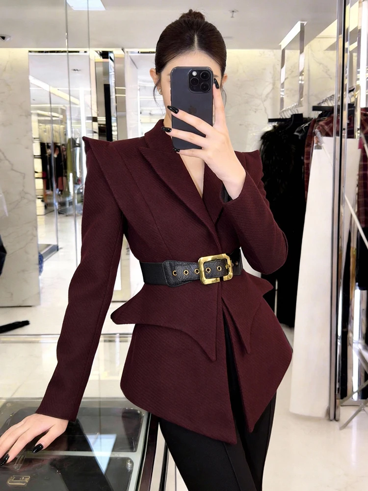 

Women's Spring New Burgundy Blazer Business Belt Slim Fit Coat Lapel Office Lady Elegant Formal Suit Casual Jacket Chic Fashion
