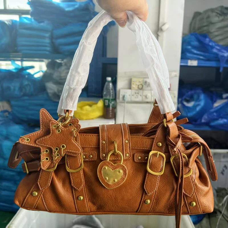 SHELKSBAG Women Vintage Y2K Handbag Heart Lock Star Charm Shoulder Bag PU Leather Rivet Buckle Design Daily Underarm Tote Purse view 4