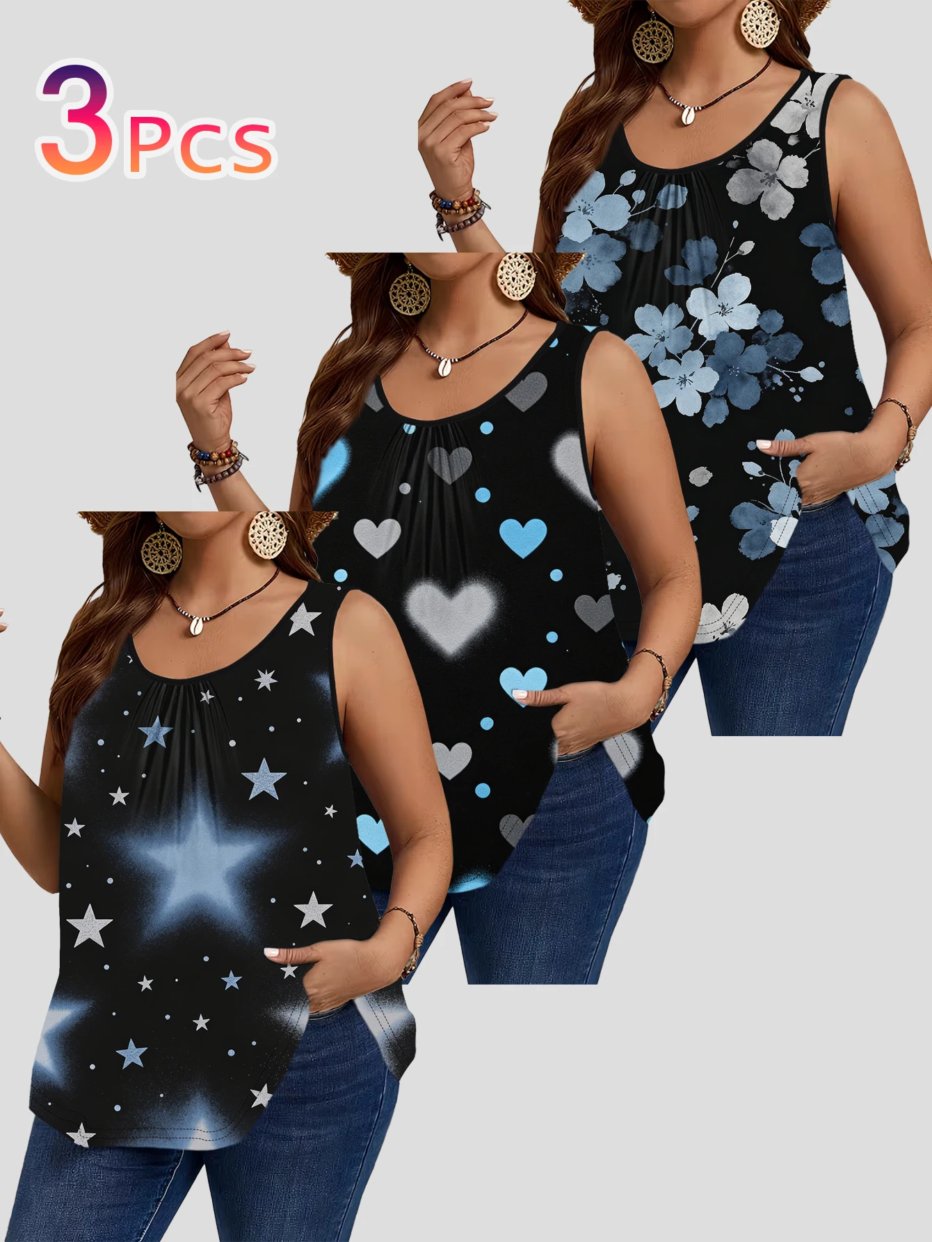 3-Piece Set of Plus-Size Sleeveless Vests｜Black Base with Blue-Gray Heart and Star Ink Floral Print, Loose Fit, Flattering, Round Neck, Casual Outerwear Top