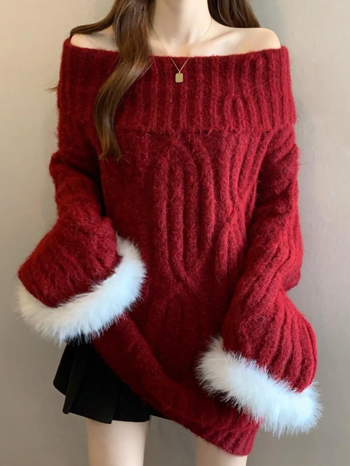 

Cisas New Year Red One-oulder Knitwear Women's Autumn Winter plus Size Lazy Medium-Length Sweater Top