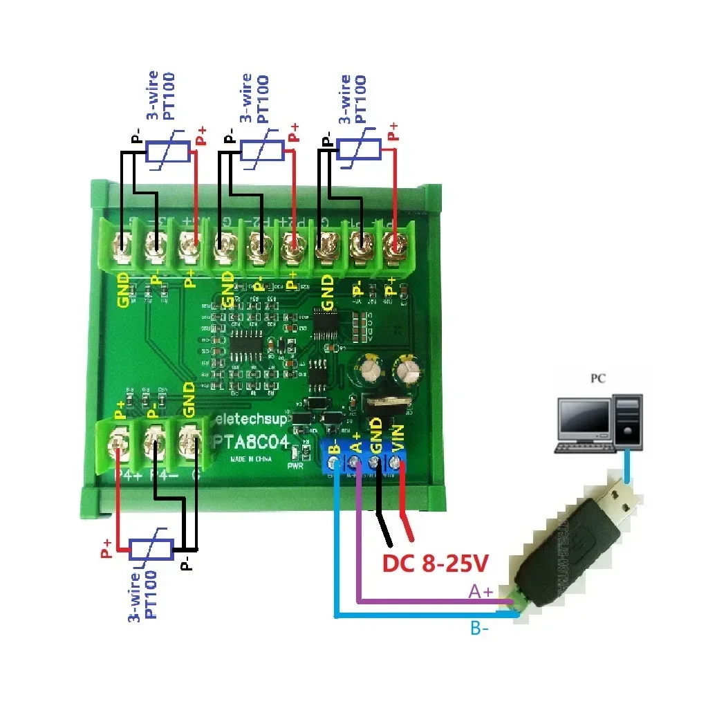 PTA9B01 PT100 RS485 Temperature Acquisition Module Modbus RTU 2/3 Wire RTD Sensor DC12V/24V Up To 247 Modules Cascadable