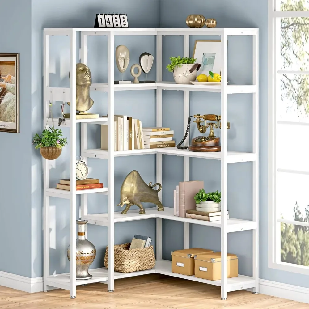 5-level Corner Bookcase, Modern Large Corner Etagere Bookcase, 5-level Corner Bookcase Display Storage Shelf, Metal Frame,