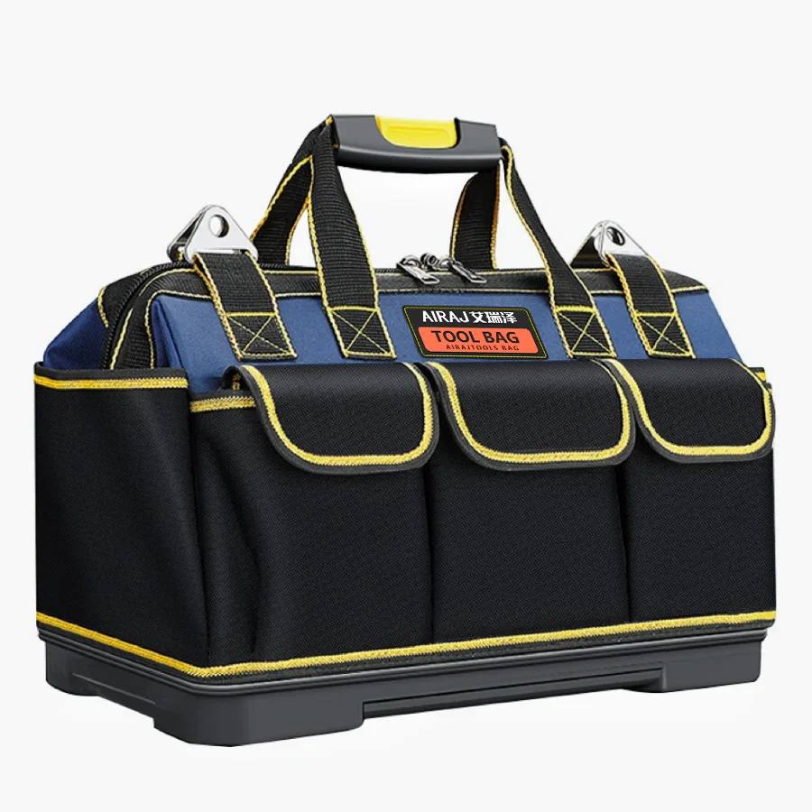 AIRAJ2024New Tool Bag with Reflective Strip 1680D Oxford Bag Electrician Fabric Hard Bottom Multi Pocket Waterproof Storage Bag