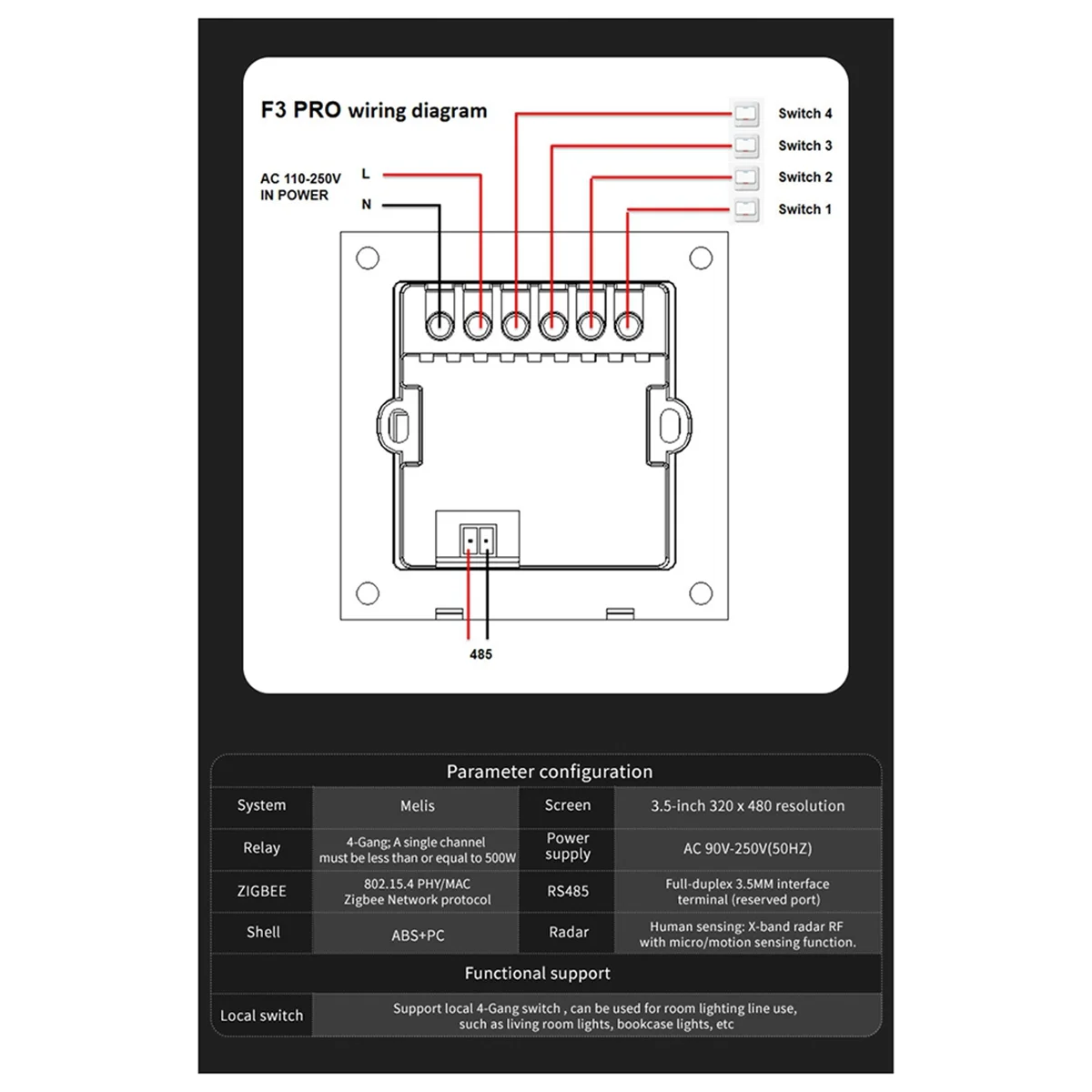 Abqr 3.5 Polegada interruptor de parede inteligente tela toque 4 grupos interruptor 8 vias cena radar sensor escurecimento cortina tuya zigbee a