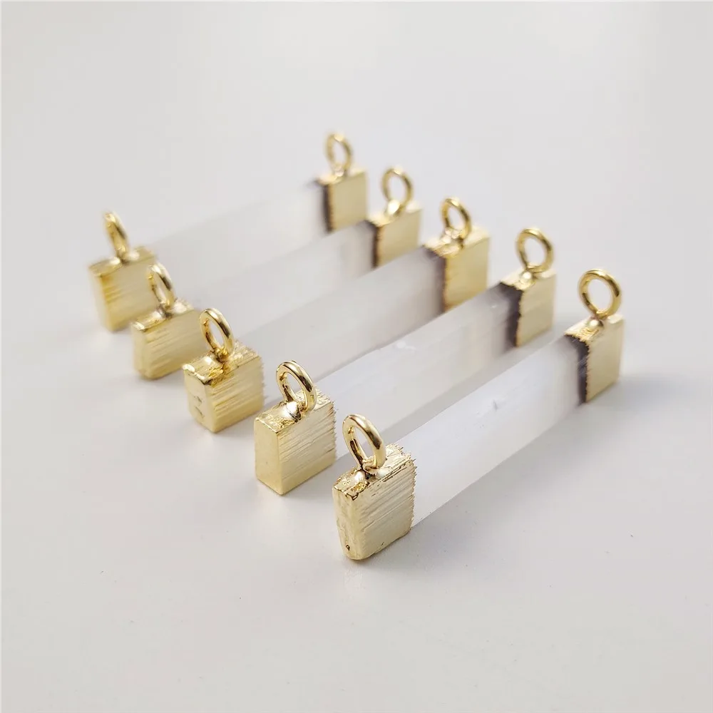 FUWO Wholesale Natural Selenite Bar Pendants Golden Plated Crystal Accessories For Women Jewelry Making PD481 5PCS/Lot