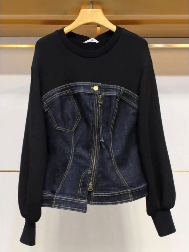 

Fashion Vintage Denim Patchwork Sweatshirts Mujer 2025 Early Autumn New Coat Women Y2k O-neck Loose Long Sleeve Jackets