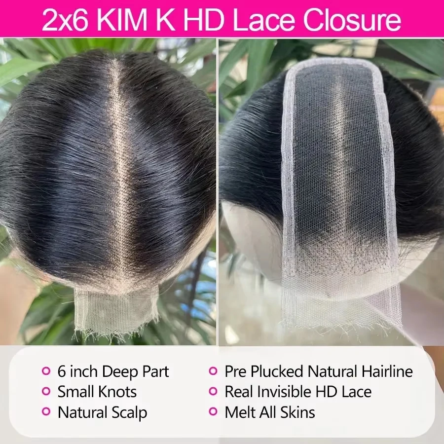 Elva Hair 2x6 Invisible HD Lace Closure Straight Human Raw Hair 6inch Deep Middle Part Kim k HD Lace Closures Melt Skin Closures