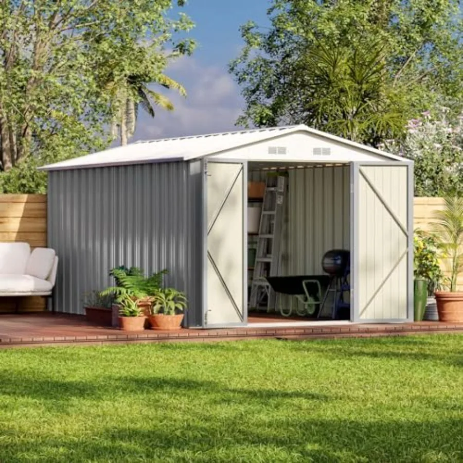 

12 x 8 FT Outdoor Storage Shed, Steel Shed Storage House with Design of Lockable Doors, Utility and Tool Storage for Garden, Pa
