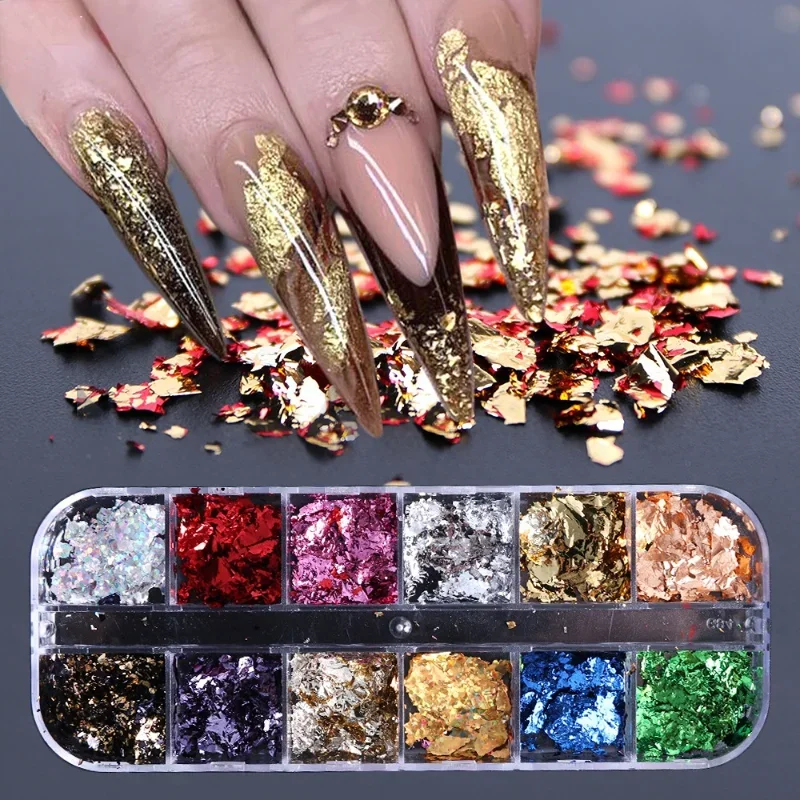 1 Pudełko Imitacja złota Srebro Folia miedziana Cekiny Brokaty Rzemiosło Liść Płatek Arkusze Folia luzem do złocenia DIY Nail Art Decor