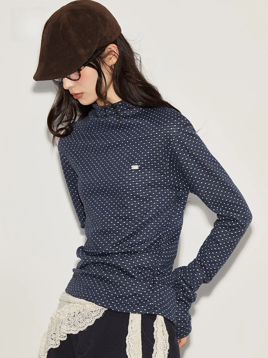 

Bobbybey Vintage Long Sve Внутренняя одежда Двусторонняя вышивка в горошек Универсальный полувысокий воротник с завязкой на талии в горошек...