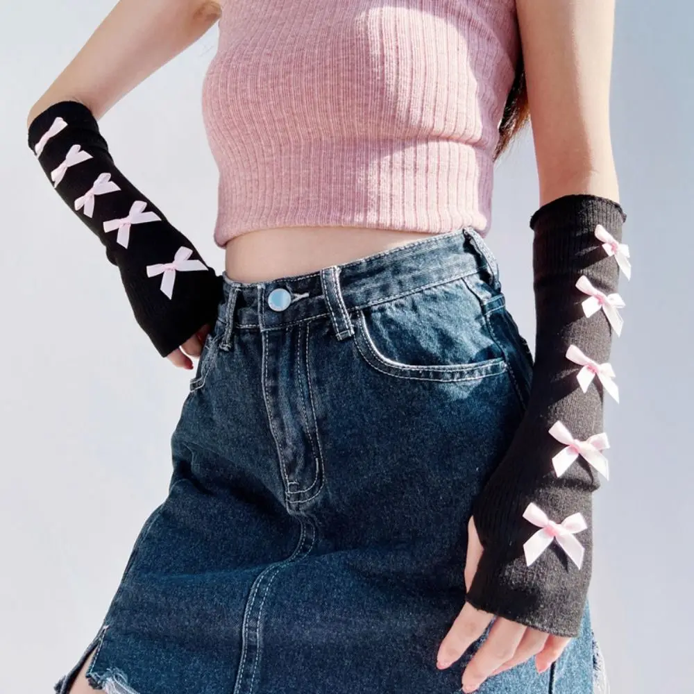 Эластичные Y2K теплые рукава с бантом Лолита косплей бант вязаные перчатки балетный стиль корейский стиль гетры без пальцев Лолита