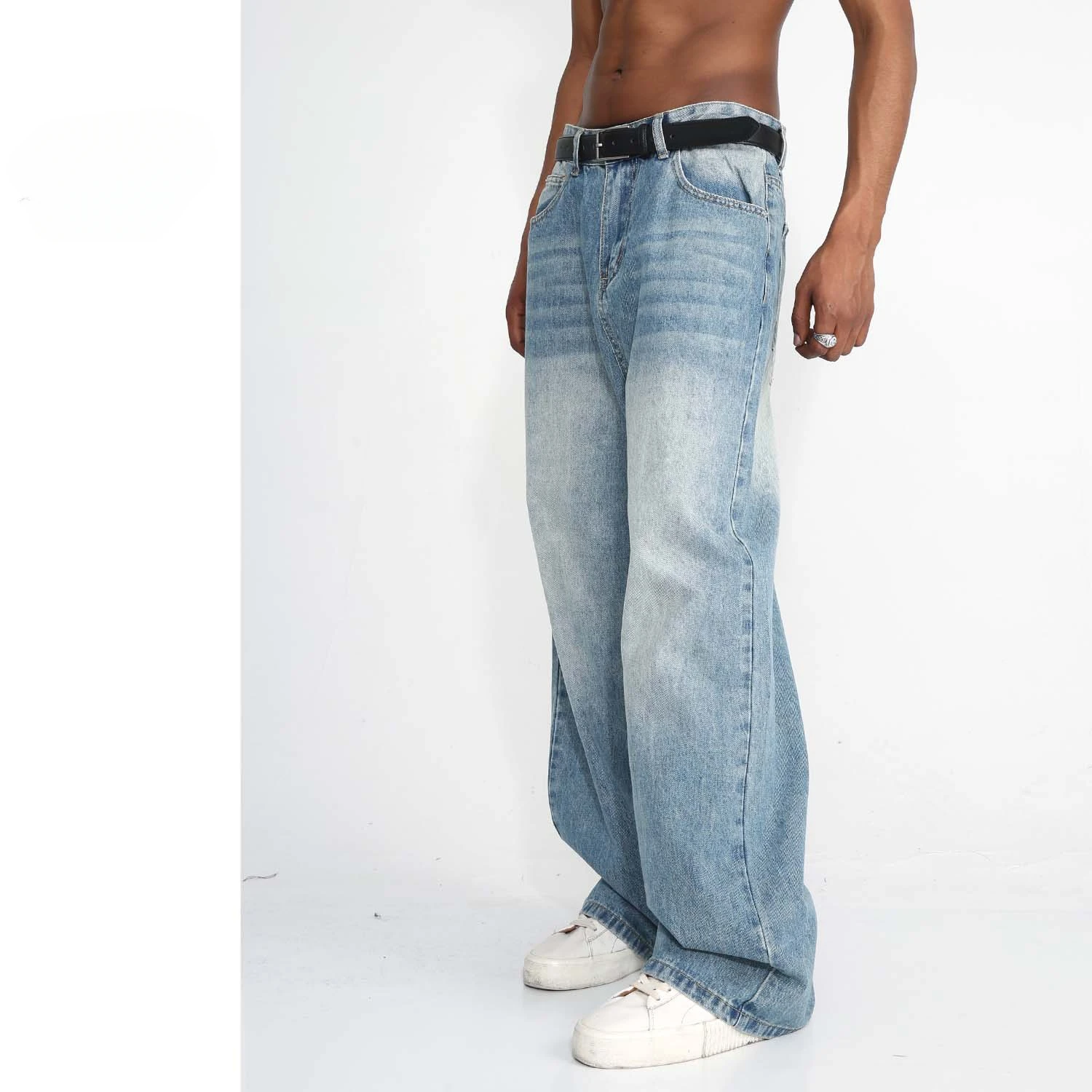 BONXUY Light blue Korean style versatile straight wide leg baggy jeans for men with whiskered distressed casual trousers