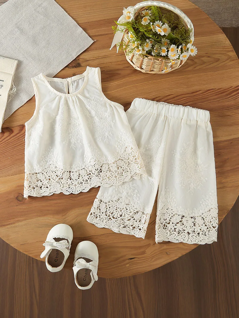 2026 Summer New Baby Clothes Set 3-18M Sweet Lace Infant Girls Vest +Casual Pants Embroidered Flower Thin Toddler Outfit 2PCS