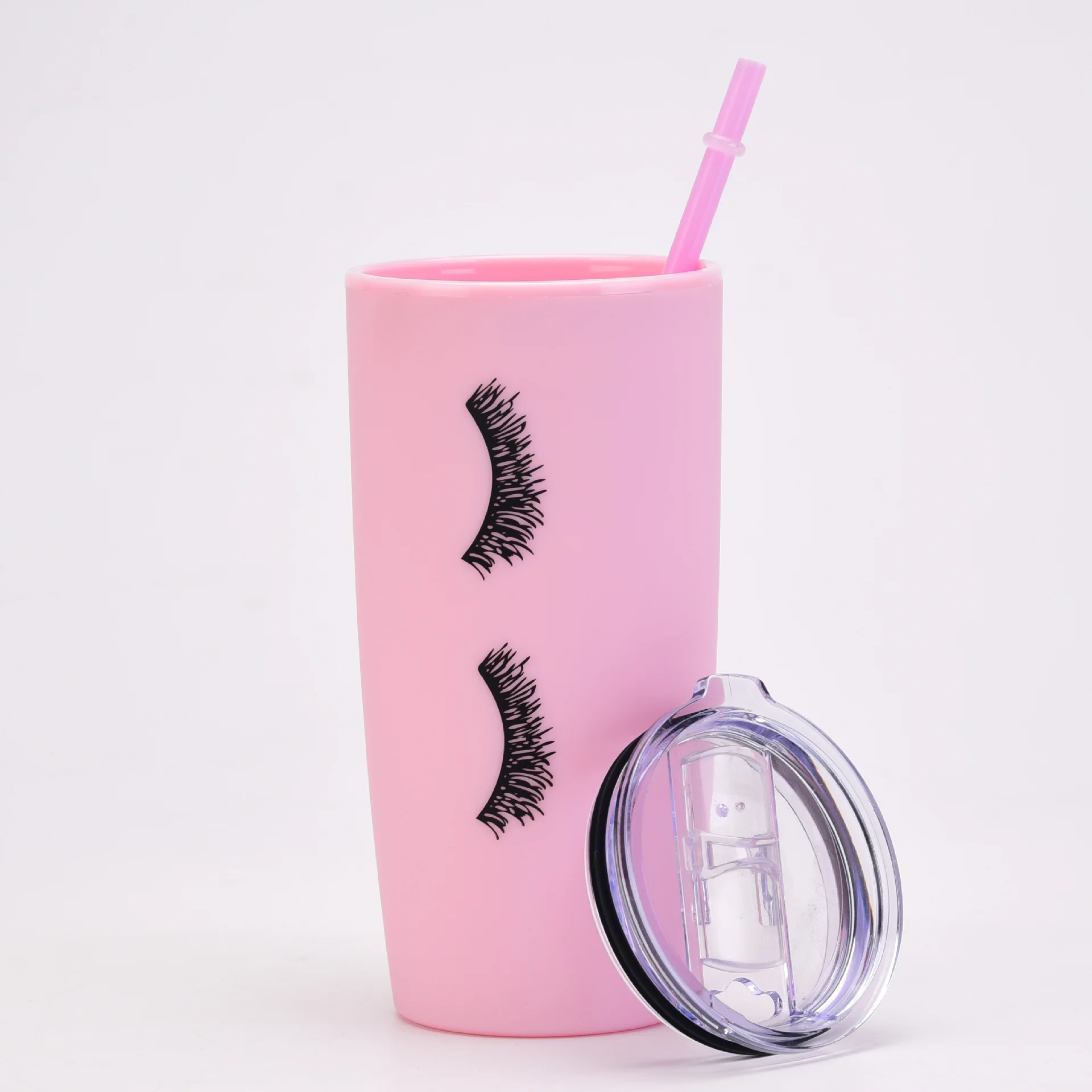 Creative 20oz Pink Eyelashes Juice Water Cup Plastic Travel Car Cup with Lid Straw Double Wall Coffee Cup Drinkware Girls Gift