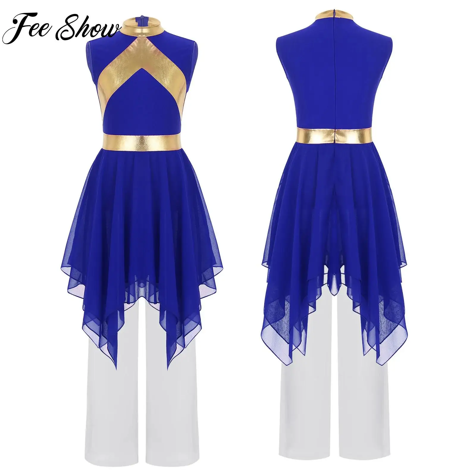 

Girls 2Pcs Liturgical Praise Outfit Sleeveless Asymmetrical Hem Dress+Pants Lyrical Worship Dance Choir Church Performance Set