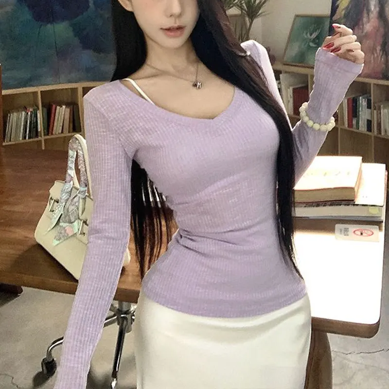 الملابس النسائية Hotsweet سليم تي شيرت الأساسية بلون الخريف عادية الخامس الرقبة خمر كم طويل البلوفرات الكورية العصرية #5