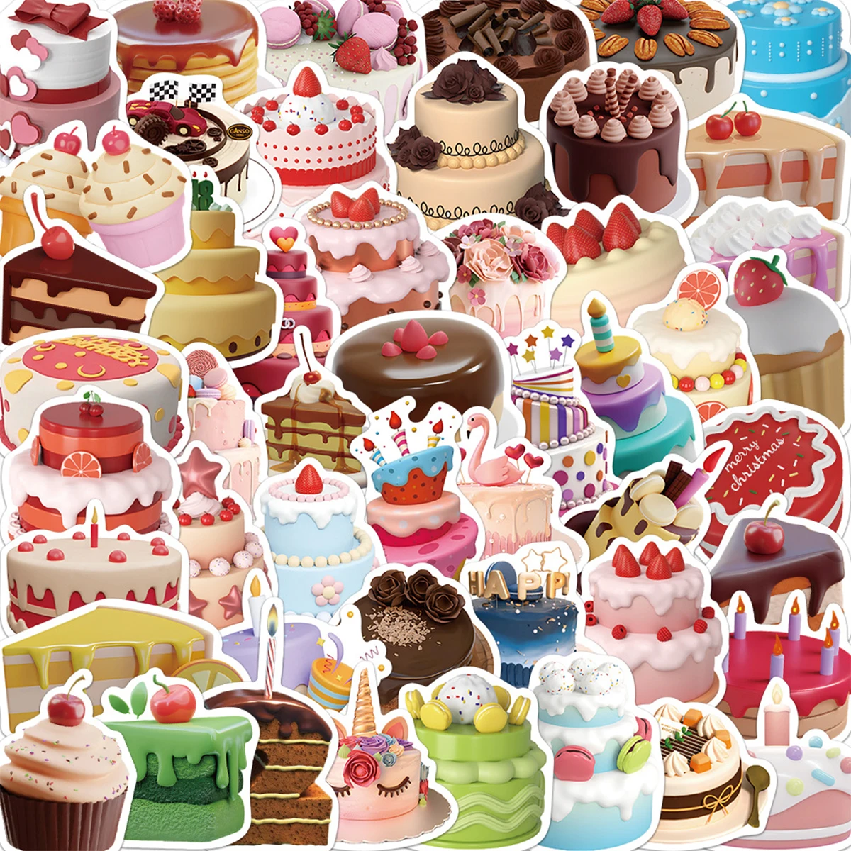 50 Pieces of Realistic Cake Stickers, Realistic 3D Style, Multi-Layered Birthday Dessert Elements, DIY Decoration Materials for Journals