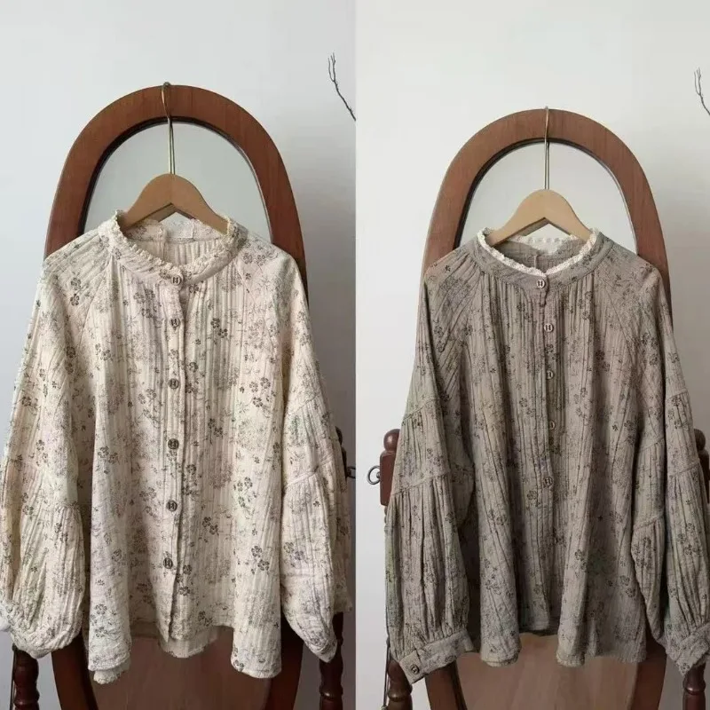 

Винтажная кружевная блузка с цветочным принтом в китайском стиле, женская осенняя новая женская рубашка с воротником-стойкой, литературные однобортные хлопковые топы из рами