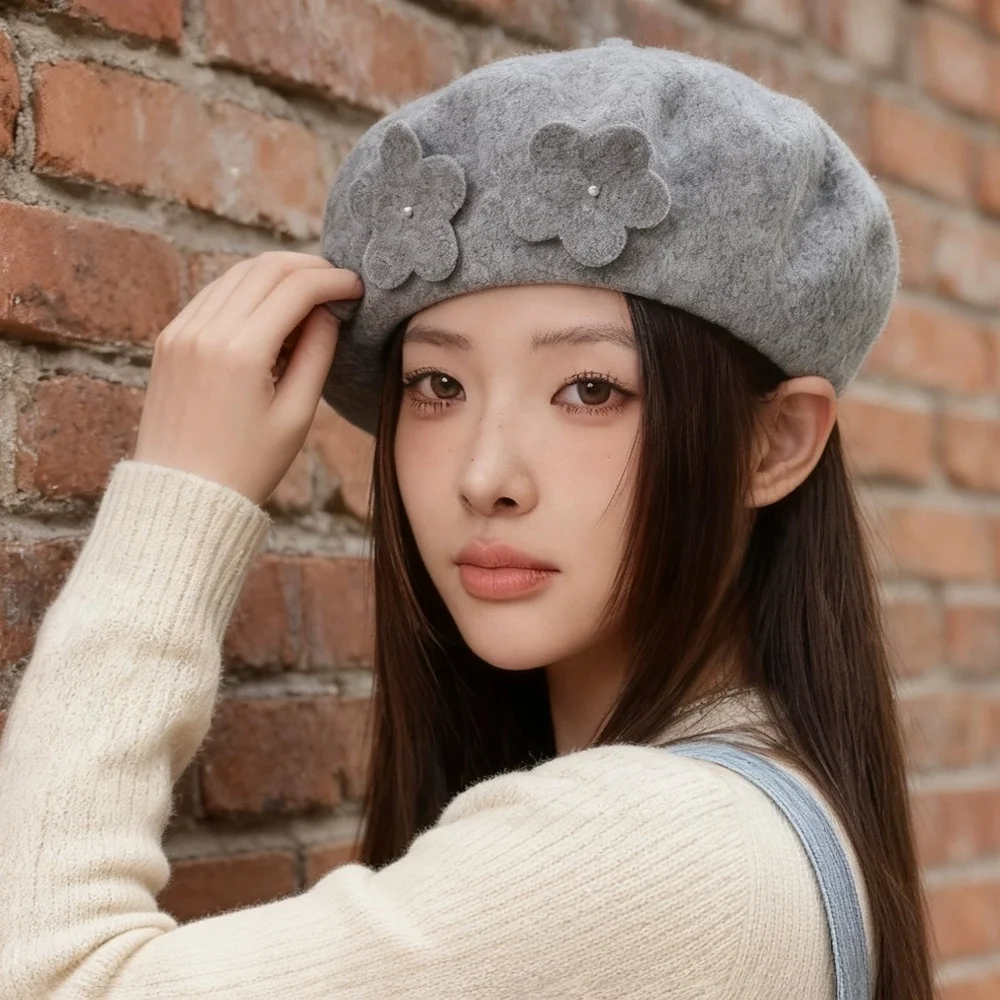 Women’s Floral Pumpkin Hat, Pearl Beret—Warm, Versatile, Ear-Covering Wool Hat for Fall and Winter, Artist-Style Hat