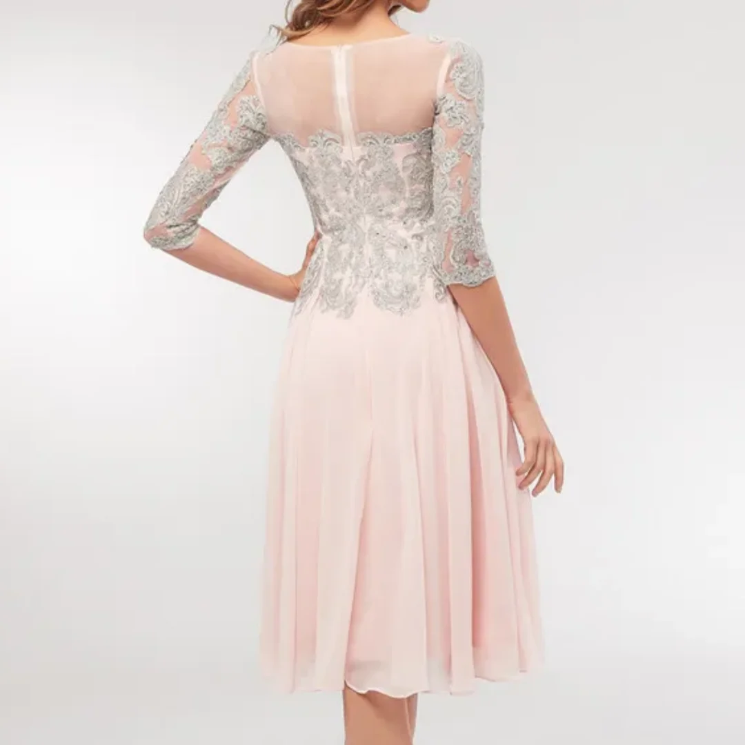 Elegante abito da cerimonia per la madre della sposa con applicazioni in pizzo e chiffon, mezza manica, lunghezza tè, abiti da sera formali taglie forti personalizzati