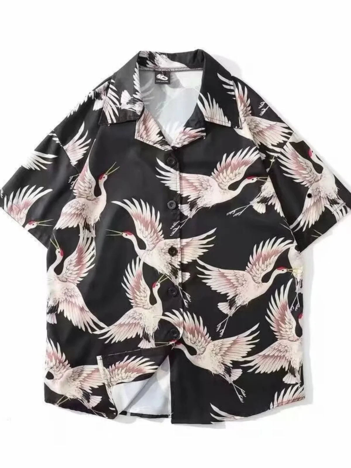 

Мужская свободная посадка с принтом журавля в стиле ретро ort Sve, повседневная модная пара, цветочный узор, отложной воротник, ледяной шелк, молодежная летняя...