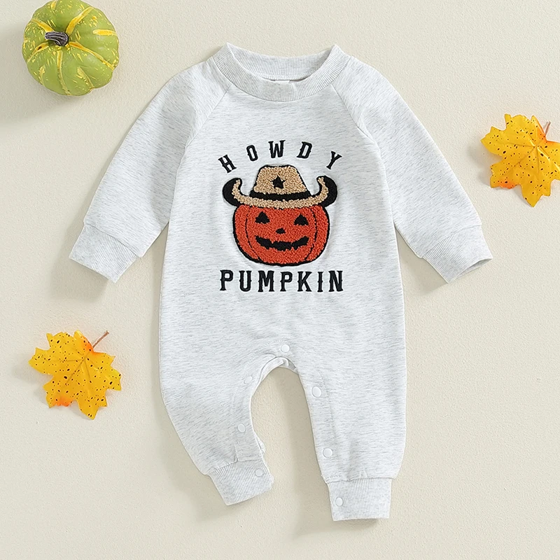 

SUNSIOM Baby Boy Halloween Sweatshirt Romper Casual Pumpkin/Ghost Embroidery Long Sleeve Jumpsuit for Infant Toddler Fall Outfit