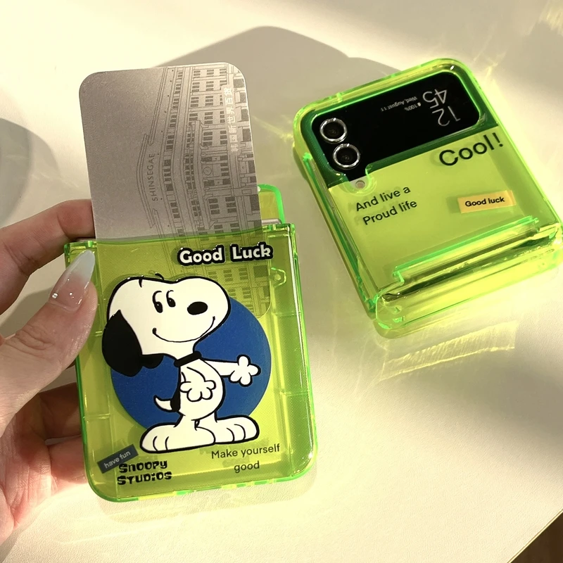 Cute Cartoon Peanut Snoopy Fluorescent Green Card Wallet Pocket Phone Case For Samsung Galaxy Z Flip 7 6 5 4 3 Hard TPU Cover view 6