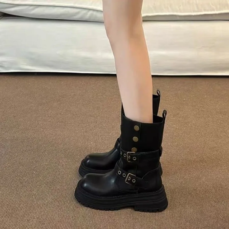 Women's Fashion Chunky Single Boots Autumn New Round Head Sleeve Rivet Metal Belt Buckle Thick Sole Non-slip Short Boots image 2