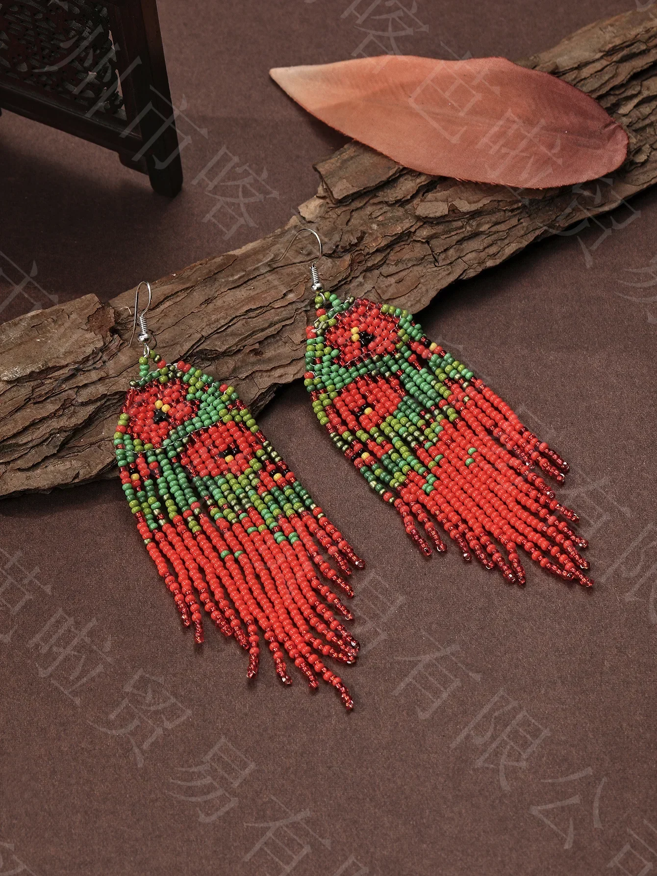 Rice Bead Earrings  Hand weaving  Beaded  safflower  green leaf  Simplicity  Retro Bohemia geometry alloy ma'am Tassel Earrings