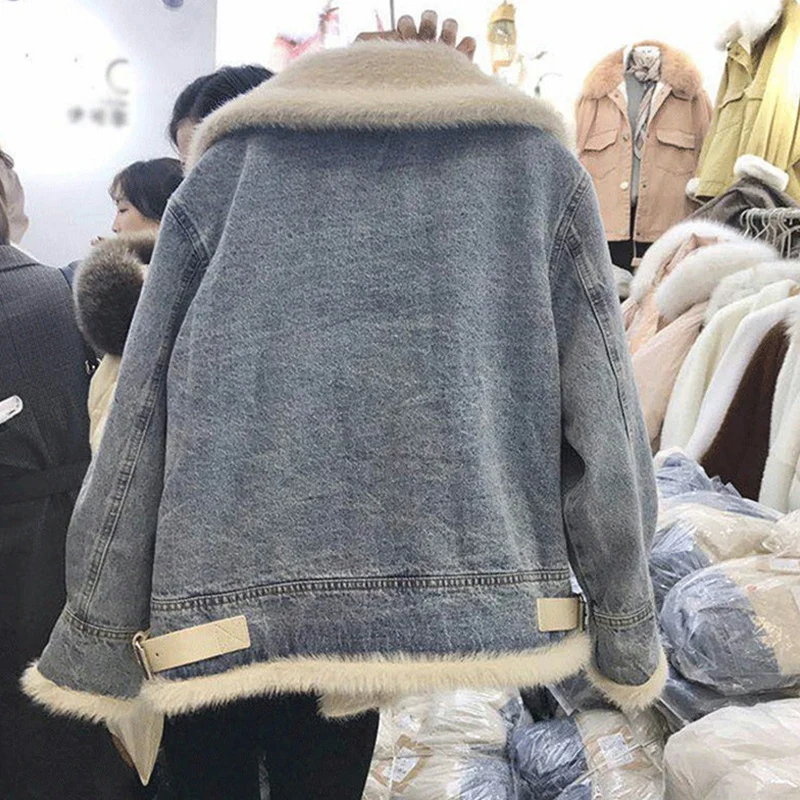 Kurtka jeansowa damska w stylu koreańskim, ocieplana bawełną, luźna, gruba, ciepła, idealna do dojazdów do pracy, zimowa, z kołnierzykiem, uniwersalna odzież wierzchnia.