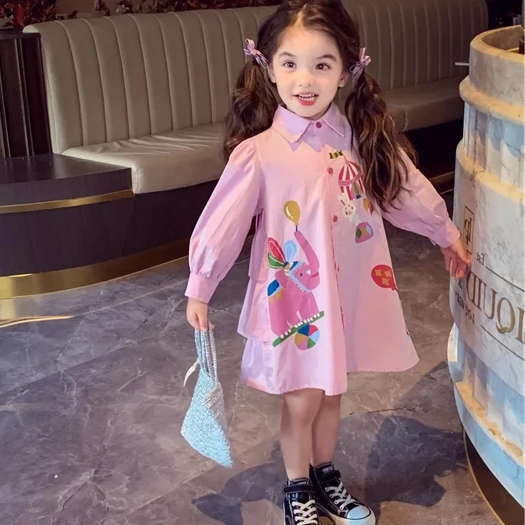 

Girls Dress Long Sleeve 2025 Spring New Fashionable Children Baby Spring Korean Printed Back Bow Shirt Dress