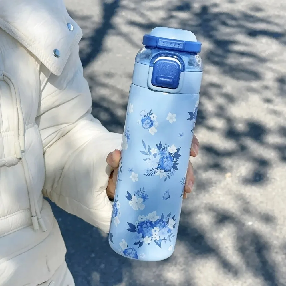 700ML Sports Water Bottle Printed Straw & Sip Option Insulated Water Bottle Leak-Proof One-Touch Lid Straw Water Bottle