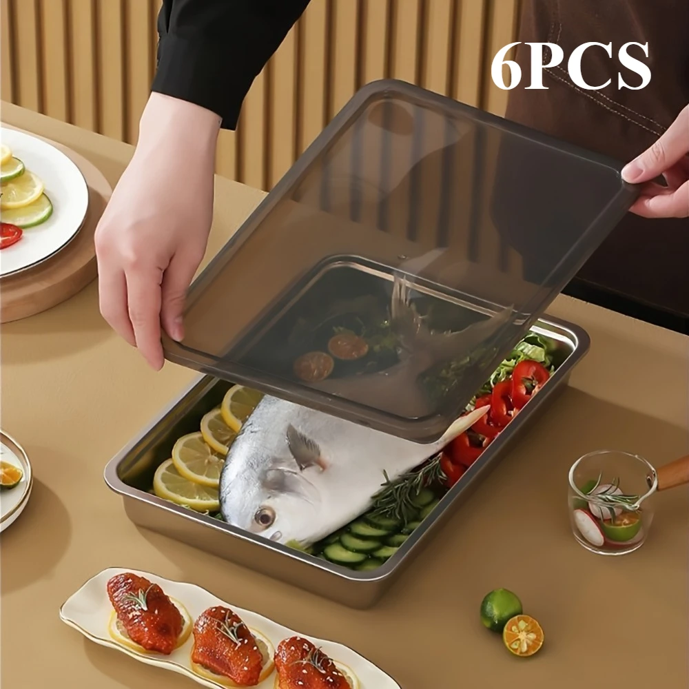 

6Pcs Stainless Steel Food Containers with Black Lids, Kitchens Accessories, Holds Knives, Kitchen Food Prep & Freezer Storage