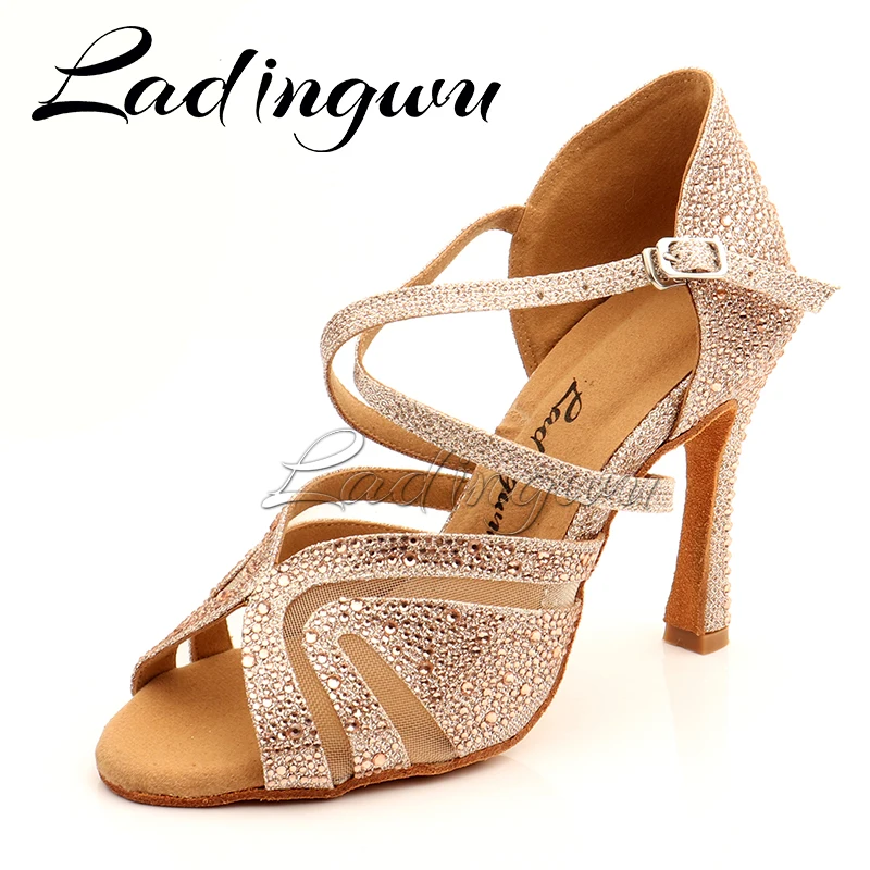 Ladingwu Rhinestone Dance Shoes Women Tango Salsa Latin Dance Shoes Ballroom Dance Heels Soft Sole Women Sandals Ladies Wedding