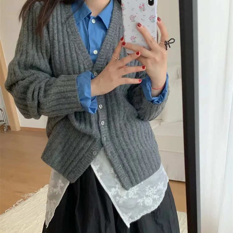 

Women Cardigan Sweaters Coats V Neck Jackets Full Sleeve Jumpers Y2k Streetwear Elegant Knit Open Stith Slim Fit Autumn Winter