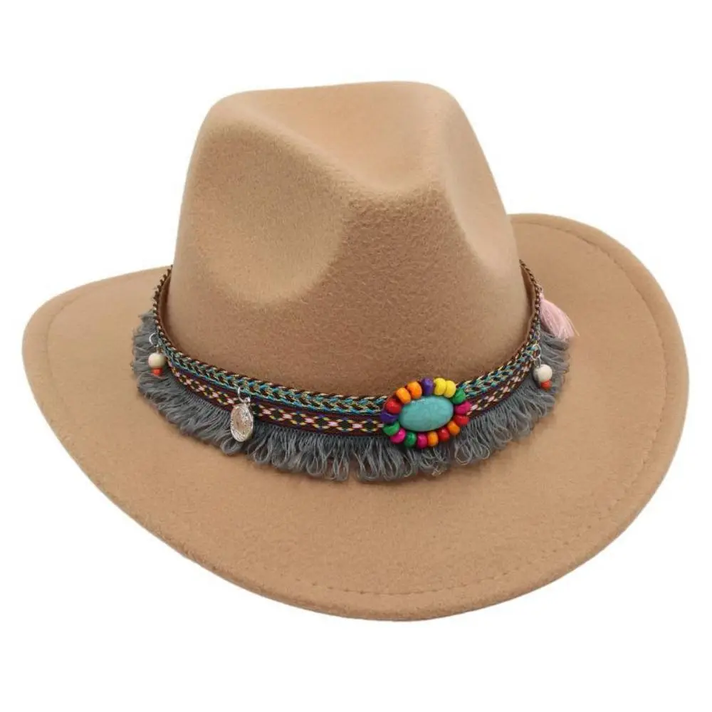 Vintage Woolen Western Cowboy Hat with Tassels Big-edge Cowgirl Jazz Hat Colorful Wide Brim Party Cosplay Hat Bucket Hats