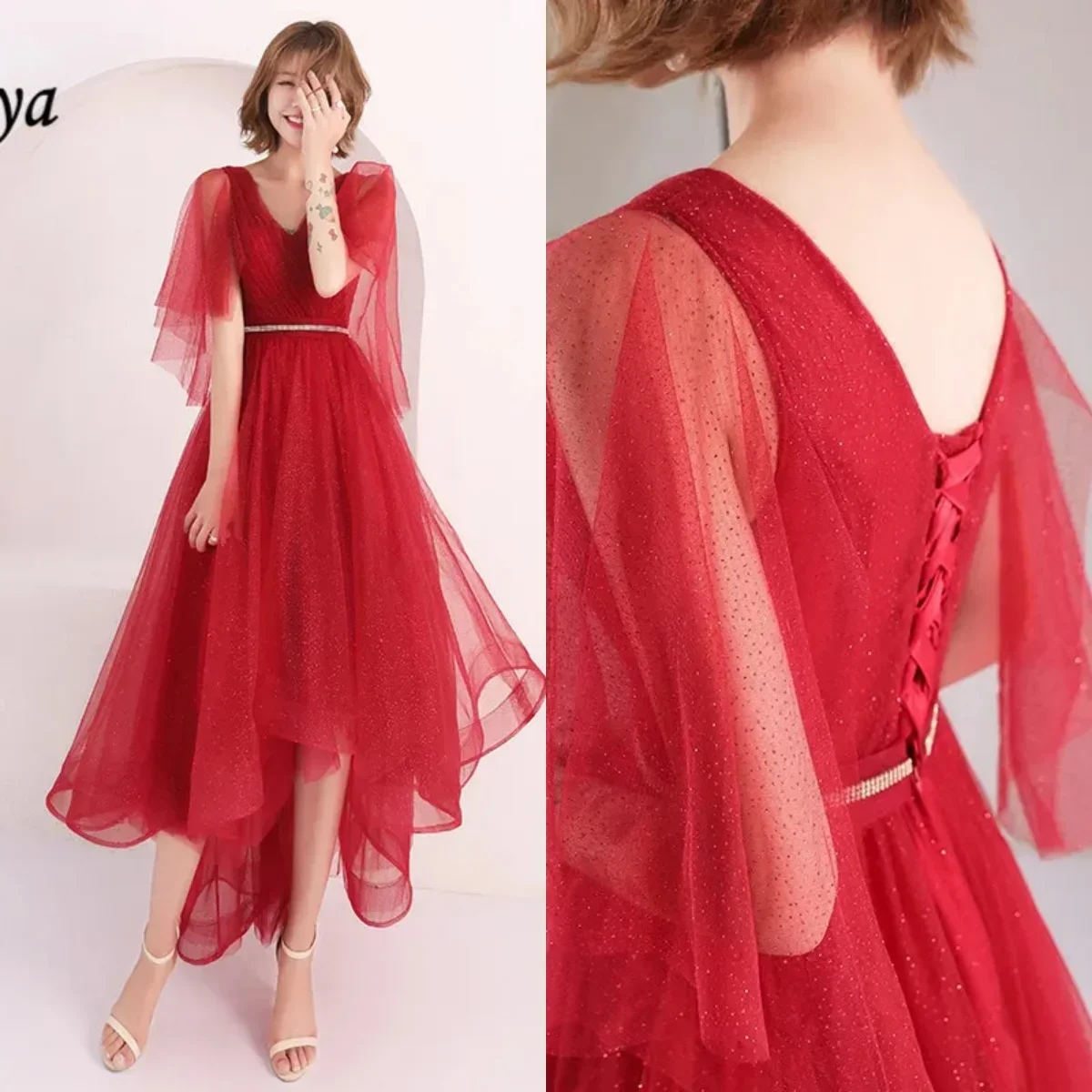 It's Yiiya Prom Gowns Red Bling Tulle V-neck Asymmetrical Short Sleeves Tea-length A-line Plus size Women Party Formal Dresses